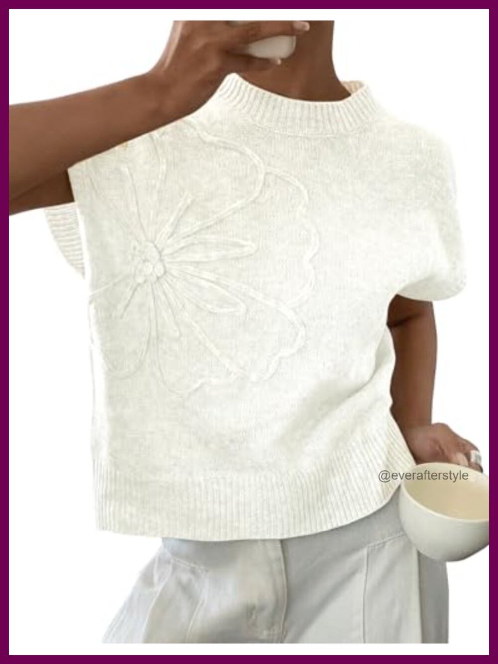 Women's Sleeveless Rib Knit Sweater Vest with 3D Floral Print, Crew Neck